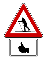 Image showing Attention sign with optional label thumbs up