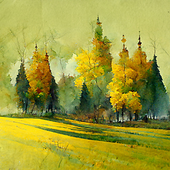 Image showing Autumn forest landscape. Colorful watercolor painting of fall se