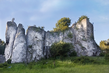 Image showing Ruins of old castle Przewodziszowice at limestone rocks