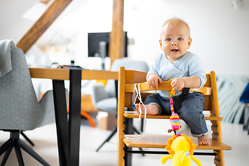 Image showing Happy infant sitting and playing with his toy in traditional scandinavian designer wooden high chair in modern bright atic home. Cute baby.