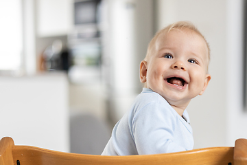 Image showing Happy infant sitting in traditional scandinavian designer wooden high chair and laughing out loud in modern bright home. Cute baby smile.