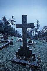 Image showing Spooky Halloween graveyard in fog