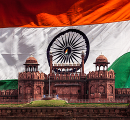 Image showing Red Fort (Lal Qila) against Indian national flag. Delhi, India