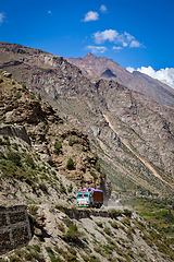 Image showing Manali-Leh road in Indian Himalayas with lorry. Himachal Pradesh