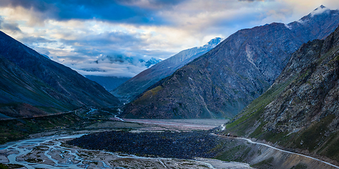 Image showing Manali-Leh road in Lahaul valley in the morning. Himachal Prades