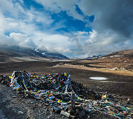 Image showing Buddhist prayer flags (lungta) on Baralacha La pass in Himalayas