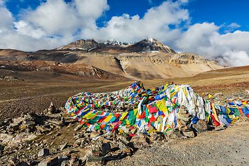 Image showing Buddhist prayer flags (lungta) on Baralacha La pass in Himalayas