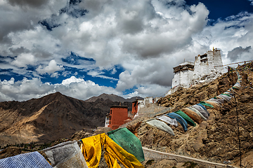 Image showing Leh gompa and lungta prayer flags, Ladakh