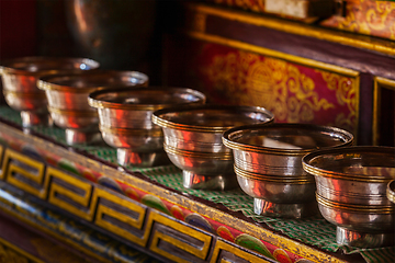 Image showing Offerings Tibetan Water Bowls in Lamayuru gompa