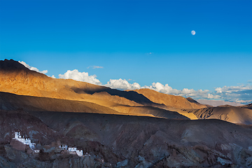 Image showing Basgo monastery and moonrise in Himalayas. India