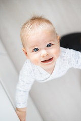 Image showing top down view of cheerful baby boy infant taking first steps holding to kitchen drawer at home. Cute baby boy learning to walk