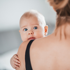 Image showing Portrait of sweet baby resting in mothers arms, looking at camera, touching mama shoulder. New mom holding little kid, embracing child with tenderness, love, care. Motherhood concept