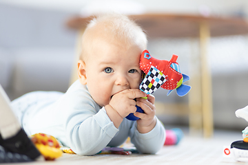 Image showing Cute baby boy playing with hanging toys arch on mat at home Baby activity and play center for early infant development. Baby playing at home