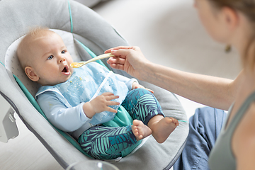 Image showing Mother spoon feeding her baby boy infant child in baby chair with fruit puree. Baby solid food introduction concept.