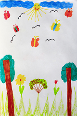 Image showing Children's drawing with butterflies trees and flowers