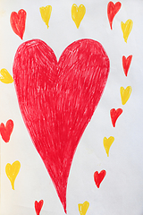 Image showing Children's drawing with red and yellow hearts