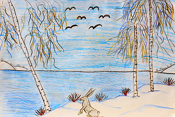 Image showing childish drawing of winter hare on the river bank