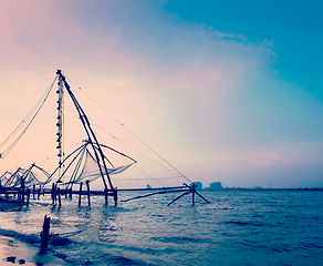 Image showing Chinese fishnets on sunset. Kochi, Kerala, India