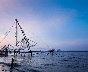 Image showing Chinese fishnets on sunset. Kochi, Kerala, India