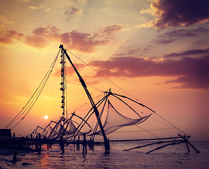 Image showing Chinese fishnets on sunset. Kochi, Kerala, India