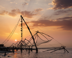 Image showing Chinese fishnets on sunset. Kochi, Kerala, India