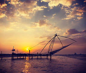 Image showing Chinese fishnets on sunset. Kochi, Kerala, India