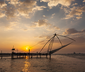 Image showing Chinese fishnets on sunset. Kochi, Kerala, India