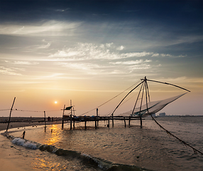 Image showing Chinese fishnets on sunset. Kochi, Kerala, India