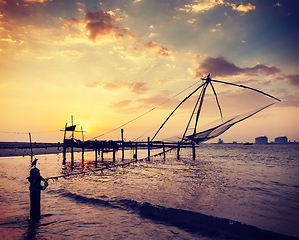 Image showing Chinese fishnets on sunset. Kochi, Kerala, India