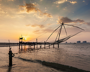 Image showing Chinese fishnets on sunset. Kochi, Kerala, India