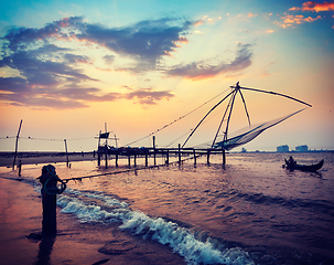 Image showing Chinese fishnets on sunset. Kochi, Kerala, India