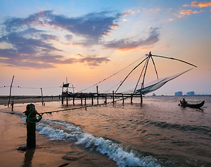 Image showing Chinese fishnets on sunset. Kochi, Kerala, India