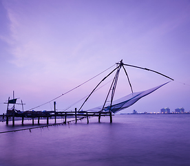 Image showing Chinese fishnets on sunset. Kochi, Kerala, India