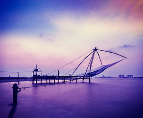 Image showing Chinese fishnets on sunset. Kochi, Kerala, India