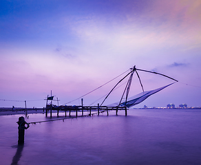 Image showing Chinese fishnets on sunset. Kochi, Kerala, India