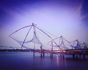 Image showing Chinese fishnets on sunset. Kochi, Kerala, India