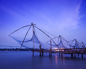 Image showing Chinese fishnets on sunset. Kochi, Kerala, India