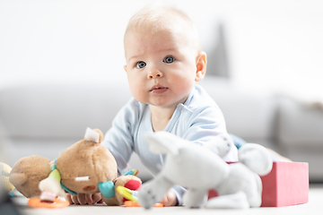 Image showing Cute baby boy playing with toys on mat at home Baby activity and play center for early infant development. Baby playing at home.