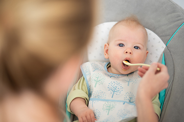 Image showing Mother spoon feeding her baby boy infant child in baby chair with fruit puree. Baby solid food introduction concept.