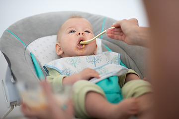 Image showing Mother spoon feeding her baby boy infant child in baby chair with fruit puree. Baby solid food introduction concept.