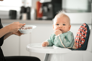 Image showing Mother spoon feeding her baby boy child in baby chair with fruit puree in kitchen at home. Baby solid food introduction concept.