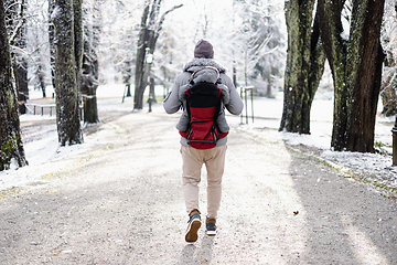 Image showing Rear view of sporty father carrying his infant son wearing winter jumpsuit and cap in backpack carrier walking in city park in winter