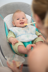 Image showing Mother spoon feeding her baby boy infant child in baby chair with fruit puree. Baby solid food introduction concept.