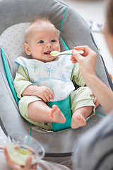 Image showing Mother spoon feeding her baby boy infant child in baby chair with fruit puree. Baby solid food introduction concept.