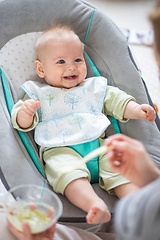 Image showing Mother spoon feeding her baby boy infant child in baby chair with fruit puree. Baby solid food introduction concept.