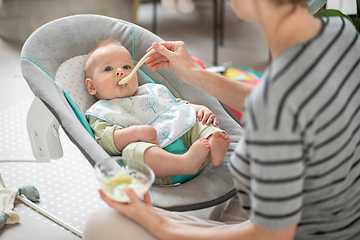 Image showing Mother spoon feeding her baby boy infant child in baby chair with fruit puree. Baby solid food introduction concept.