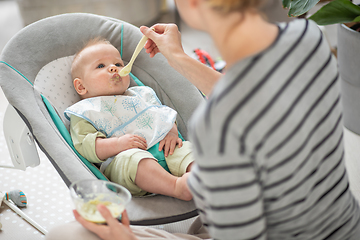 Image showing Mother spoon feeding her baby boy infant child in baby chair with fruit puree. Baby solid food introduction concept.