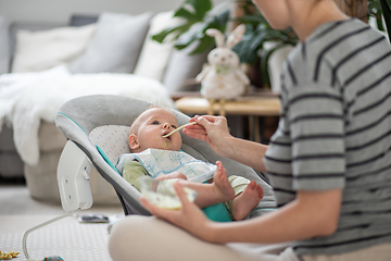 Image showing Mother spoon feeding her baby boy infant child in baby chair with fruit puree. Baby solid food introduction concept.