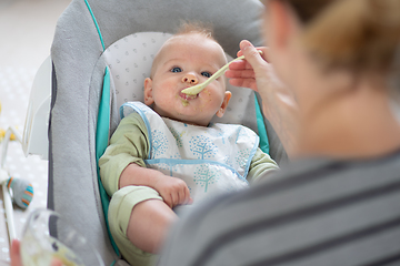 Image showing Mother spoon feeding her baby boy infant child in baby chair with fruit puree. Baby solid food introduction concept.