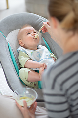 Image showing Mother spoon feeding her baby boy infant child in baby chair with fruit puree. Baby solid food introduction concept.